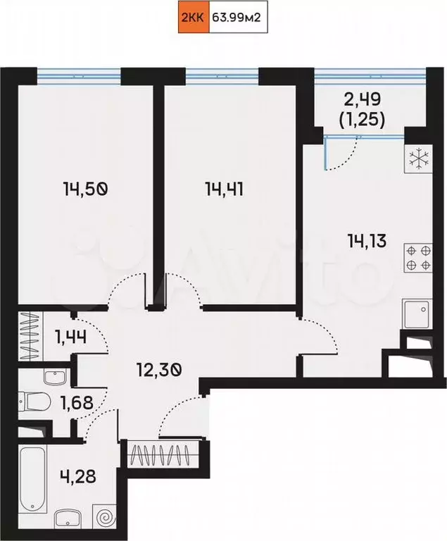 2-к. квартира, 64 м, 3/9 эт. - Фото 0