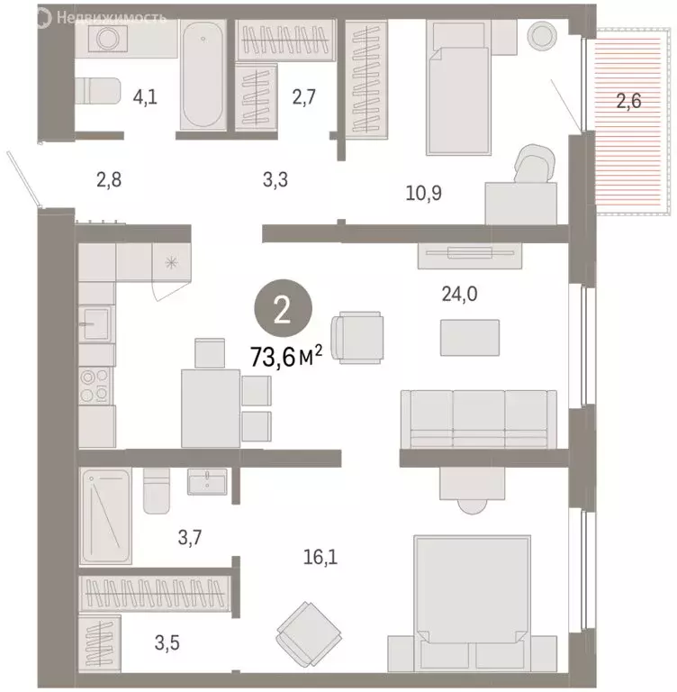 2-комнатная квартира: Тюмень, Мысовская улица, 26к2 (73.58 м) - Фото 2