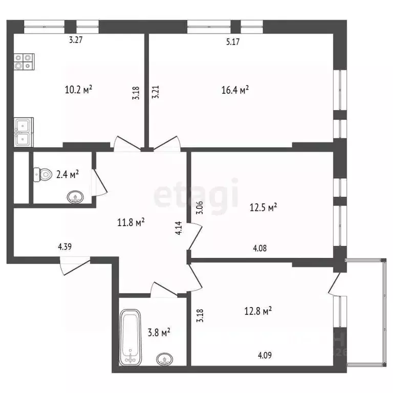 3-к кв. Калужская область, Калуга ул. Спартака, 15 (70.8 м) - Фото 2