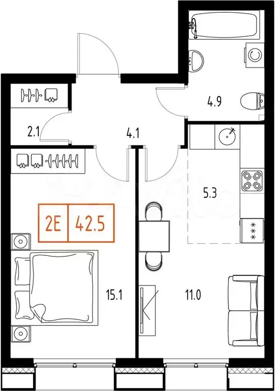 1-к. квартира, 42,5 м, 6/9 эт. - Фото 1