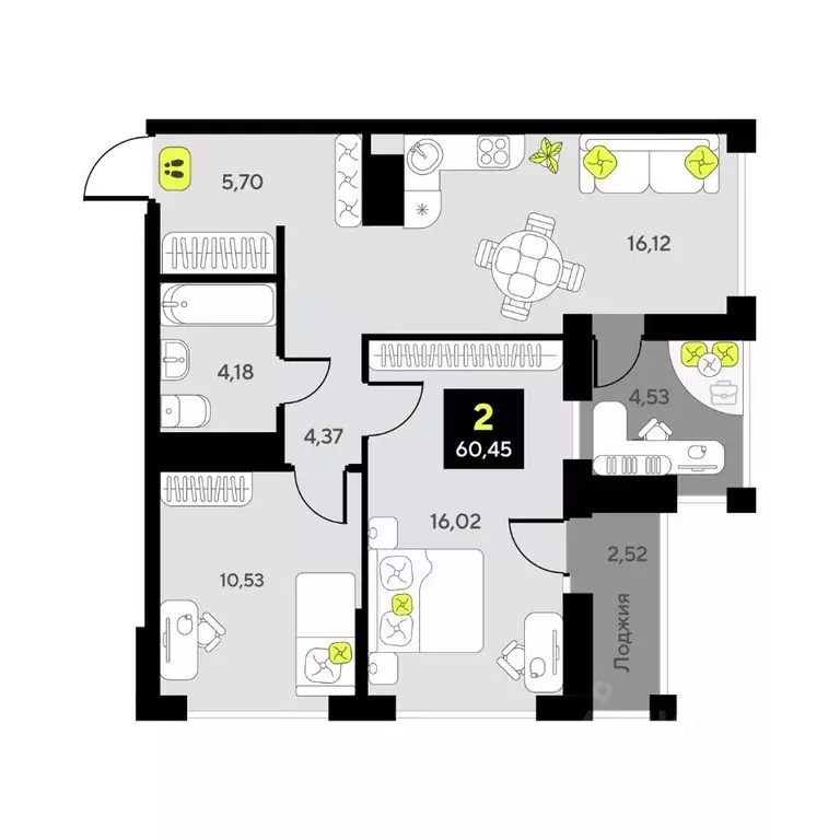 2-к кв. Тюменская область, Тюмень ул. Первооткрывателей, 11 (60.45 м) - Фото 1