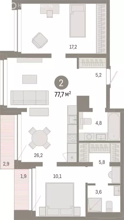 2-комнатная квартира: Тюмень, улица Муравленко, 9/2 (77.71 м) - Фото 1