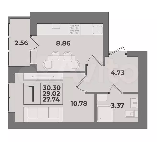 1-к. квартира, 29 м, 8/9 эт. - Фото 1
