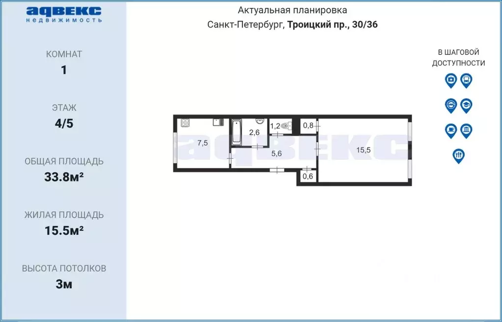 1-к кв. Санкт-Петербург Троицкий просп., 20/36 (33.8 м) - Фото 1