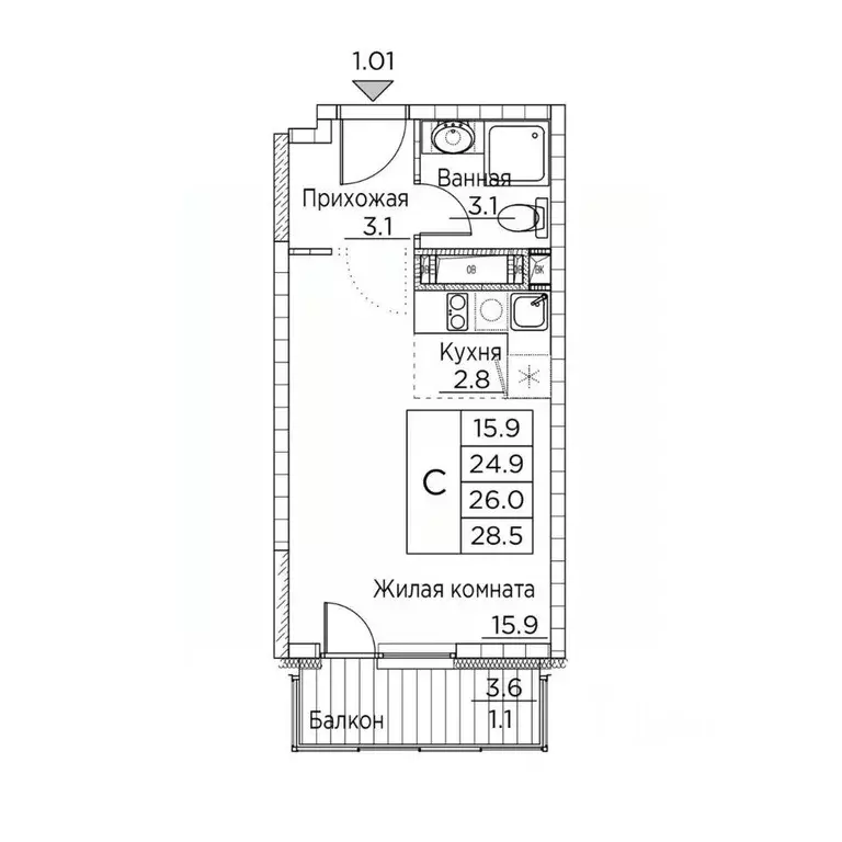 1-к кв. Приморский край, Владивосток ул. Расула Гамзатова, 7к3 (28.5 ... - Фото 1