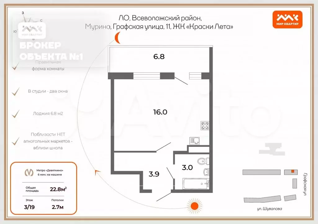 квартира-студия, 22,8 м, 3/19 эт. - Фото 0