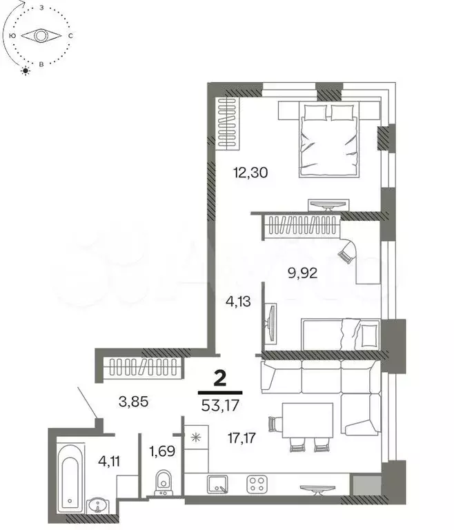 2-к. квартира, 53,2 м, 21/26 эт. - Фото 1