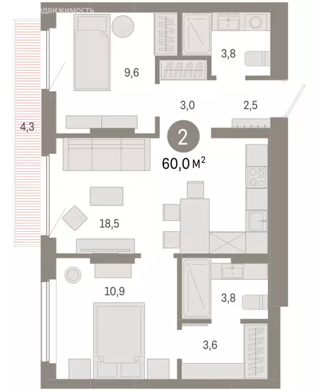 2-комнатная квартира: Новосибирск, квартал Лебедевский (60 м) - Фото 1