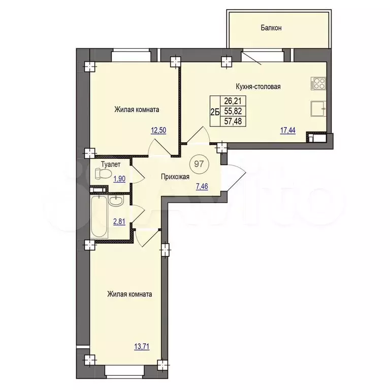 2-к. квартира, 57,5 м, 4/9 эт. - Фото 0