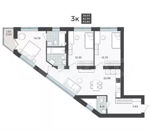 3-к. квартира, 83,8 м, 7/9 эт. - Фото 1
