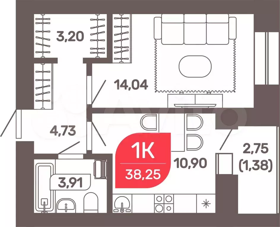 1-к. квартира, 38,3 м, 8/9 эт. - Фото 0