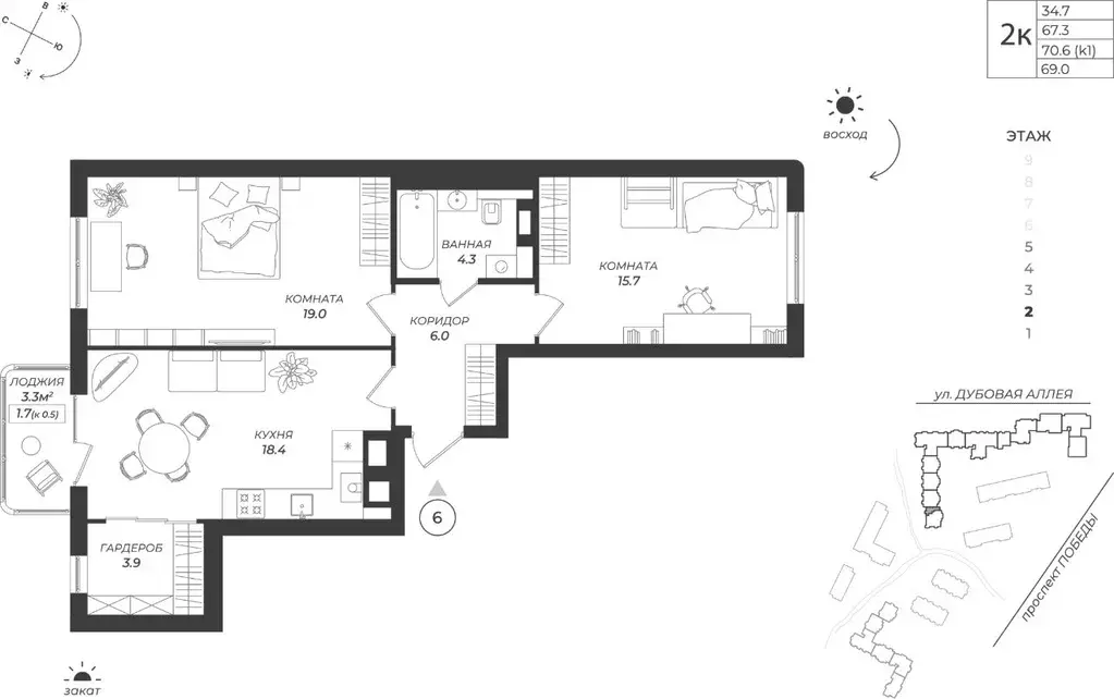 2-к кв. Калининградская область, Калининград Теодор Кроне жилой ... - Фото 1