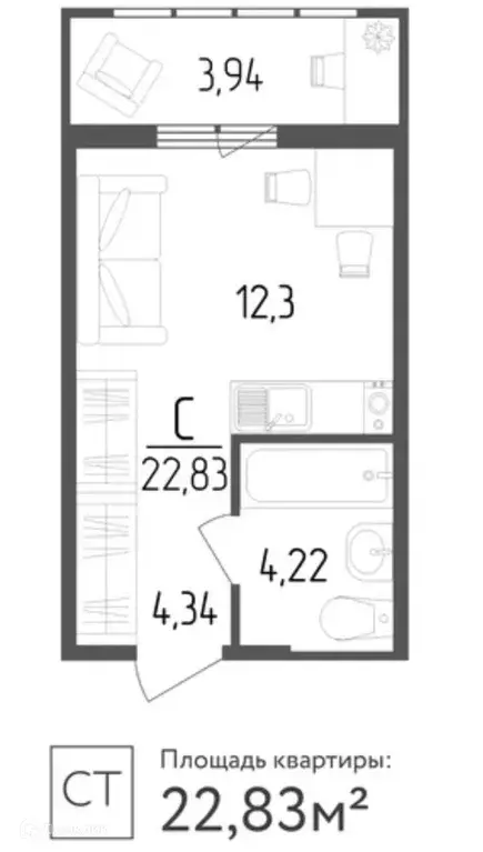Продаётся квартира-студия, 22.83 м - Фото 1