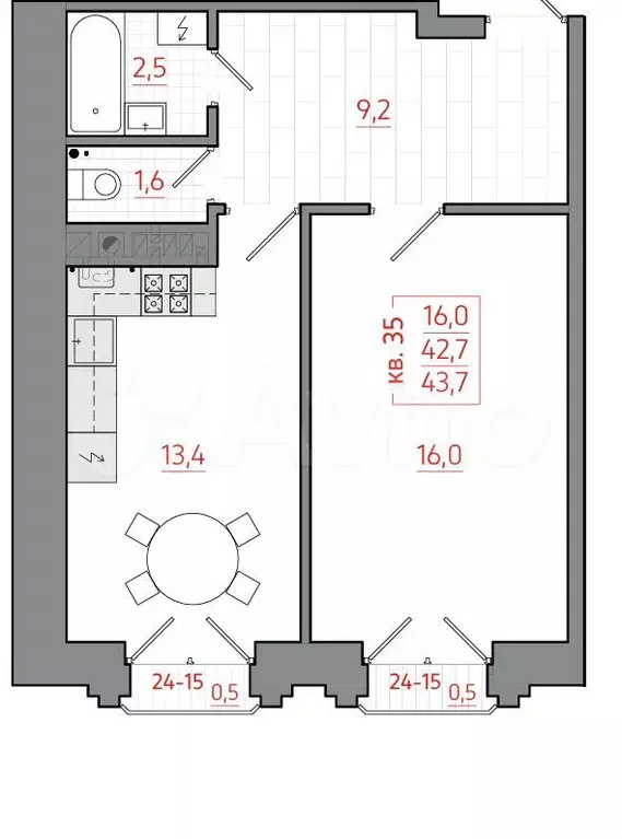 1-к. квартира, 43,7 м, 5/5 эт. - Фото 0