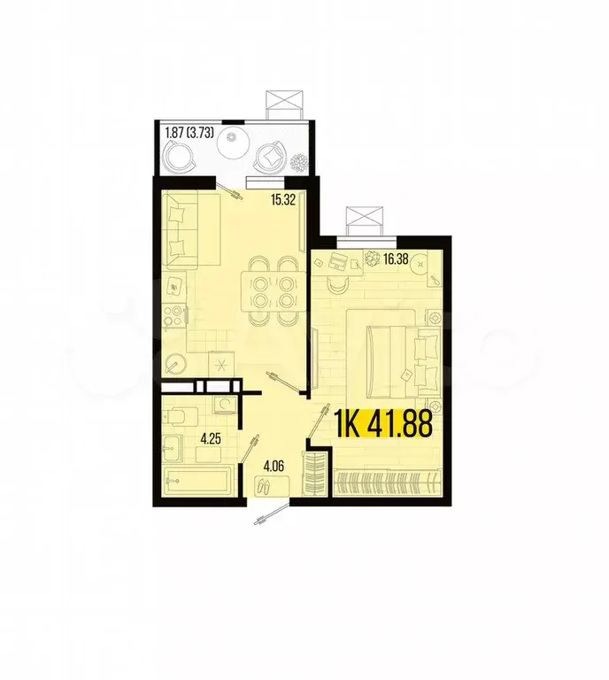 1-к. квартира, 41,9 м, 4/7 эт. - Фото 1
