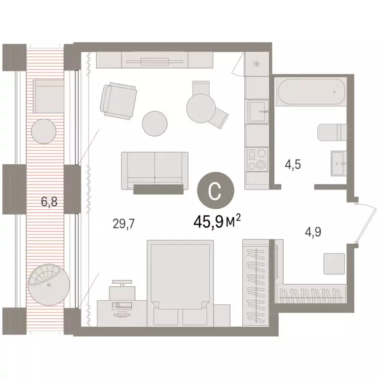 Квартира-студия: Тюмень, Краснооктябрьская улица, 4к3 (45.91 м) - Фото 1