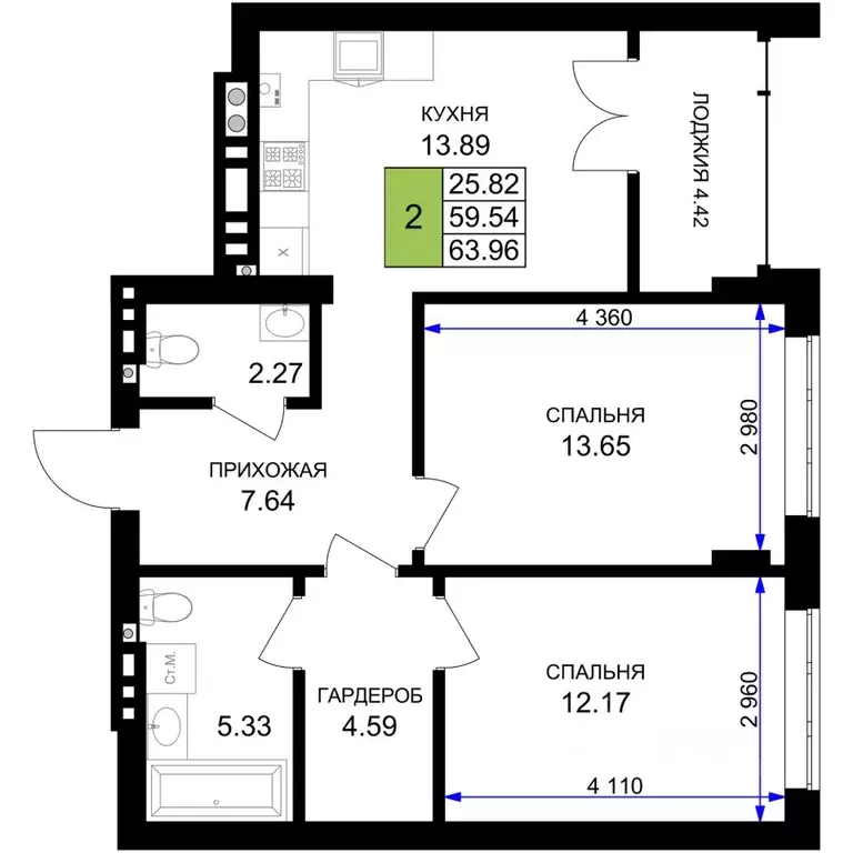 2-к кв. Калининградская область, Гурьевск Включи жилой комплекс (63.96 ... - Фото 1