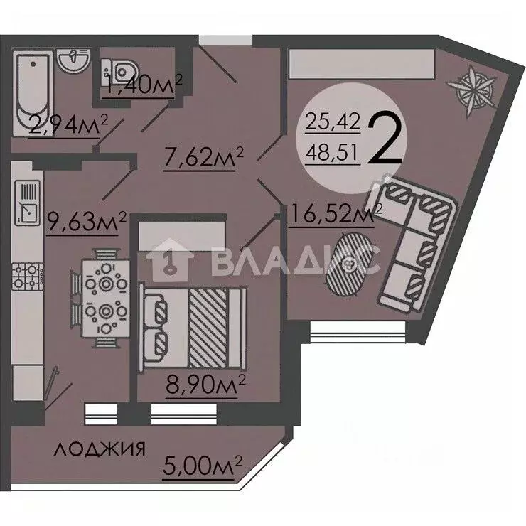 2-к кв. Липецкая область, Липецк ул. И.В. Свиридова, 24к2 (46.4 м) - Фото 1