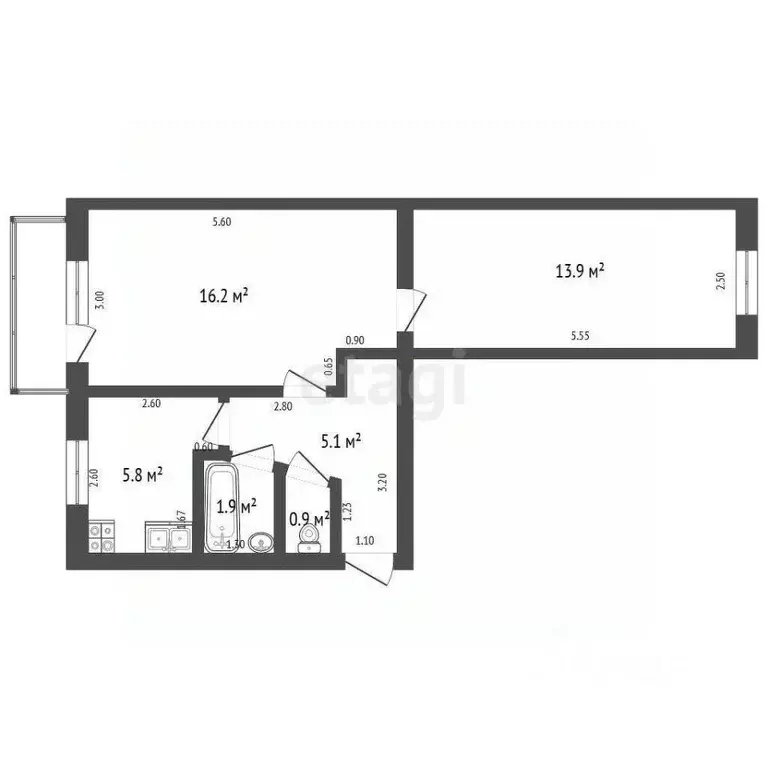 2-к кв. Башкортостан, Стерлитамак ул. Курчатова, 34 (43.8 м) - Фото 1