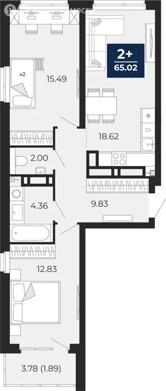 2-комнатная квартира: Тюмень, Арктическая улица, 16 (66.91 м) - Фото 1