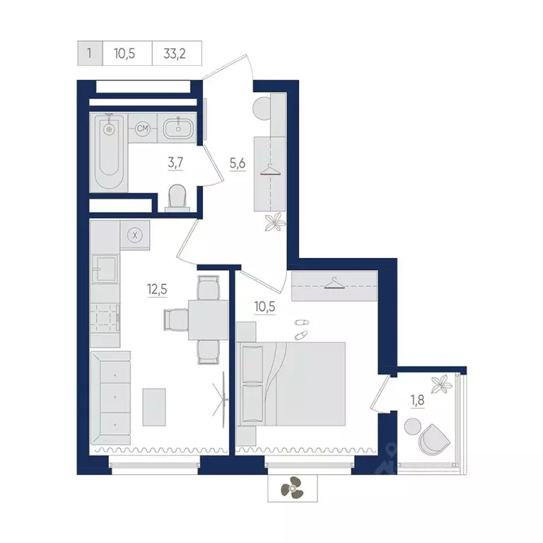 1-к кв. Башкортостан, Уфа бул. Яркий (33.2 м) - Фото 1