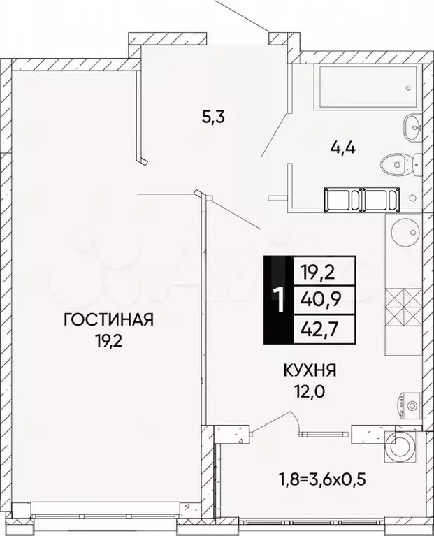 1-к. квартира, 42,7м, 3/24эт. - Фото 0