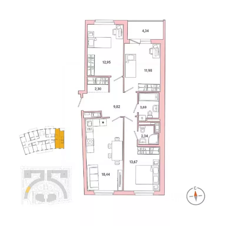 3-к кв. Санкт-Петербург наб. Реки Каменки, 11к1 (76.8 м) - Фото 0