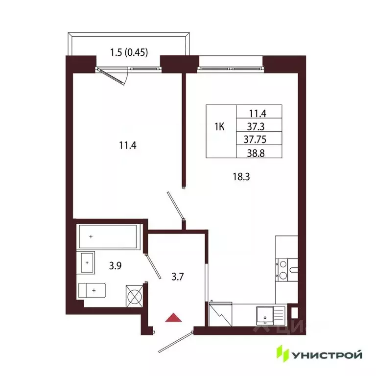 Квартира, 1 комната, 37.75 м - Фото 1