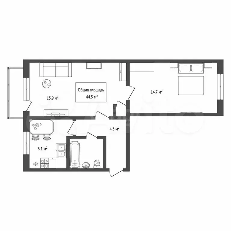 2-к. квартира, 44,5 м, 3/5 эт. - Фото 0