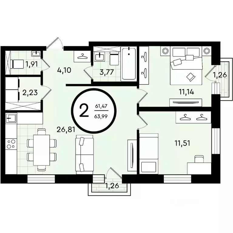 2-к кв. Тюменская область, Тюмень ул. Александра Звягина, 2 (63.99 м) - Фото 1