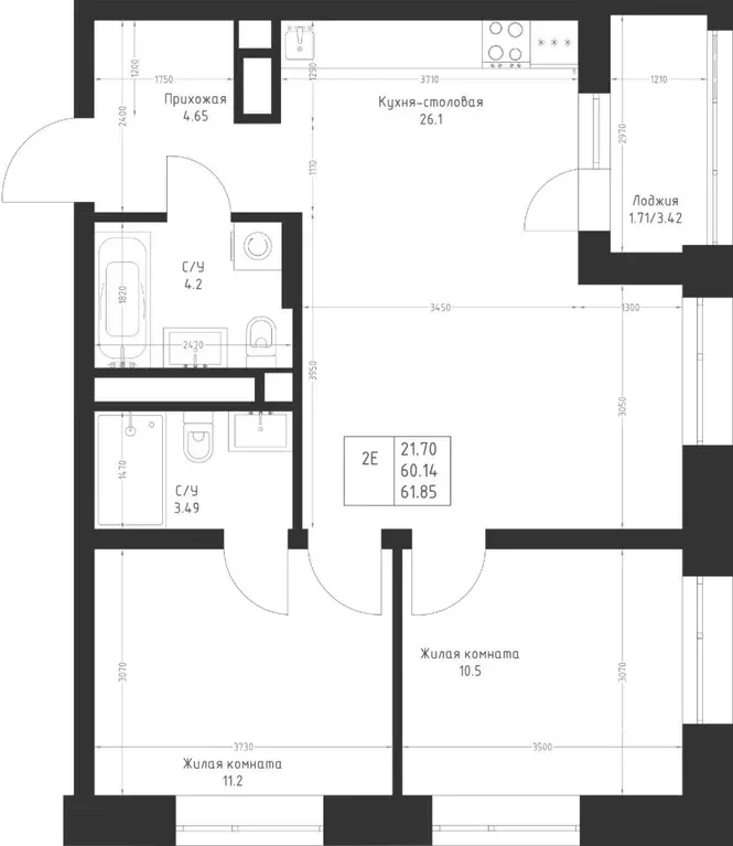 2-к кв. Татарстан, Казань Седьмое Небо жилрайон,  (61.85 м) - Фото 2