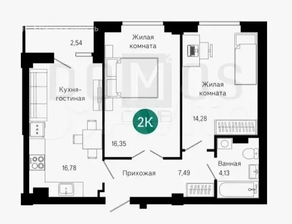 2-к. квартира, 58 м, 5/18 эт. - Фото 0