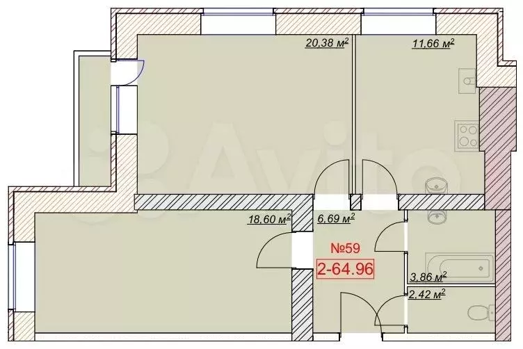 2-к. квартира, 65 м, 3/9 эт. - Фото 1