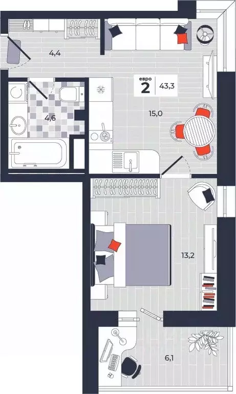 2-к кв. Тульская область, Тула ул. Академика Насоновой, 1А (43.3 м) - Фото 1