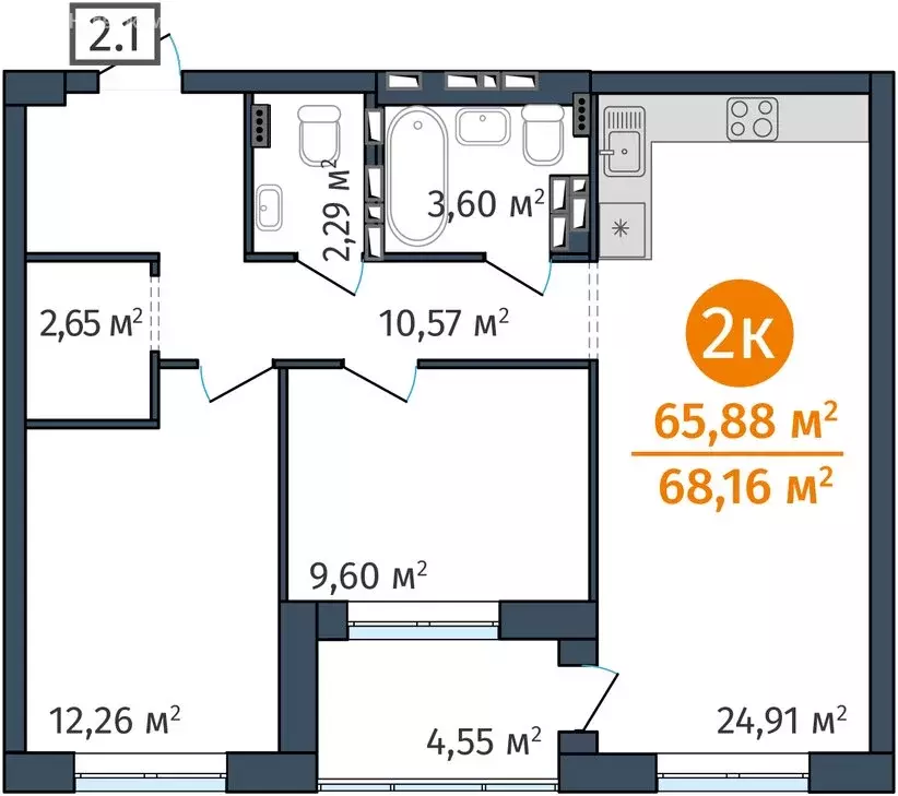 2-комнатная квартира: Тюмень, Краснооктябрьская улица, 6 (66.2 м) - Фото 0