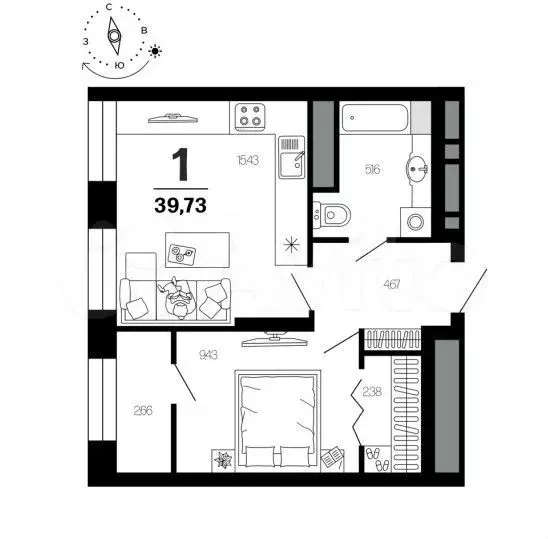 1-к. квартира, 39,7 м, 17/21 эт. - Фото 1