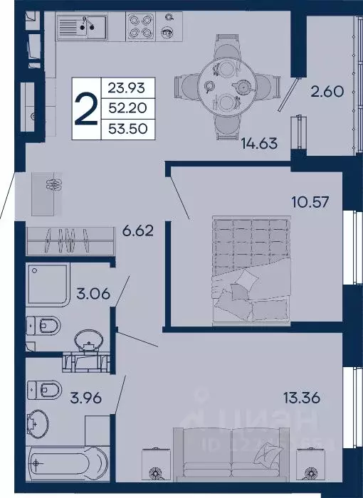 2-к кв. Краснодарский край, Краснодар  (53.5 м) - Фото 1