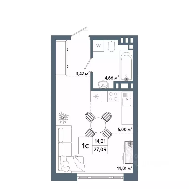 Студия Башкортостан, Уфа 42-й кв-л,  (27.14 м) - Фото 1