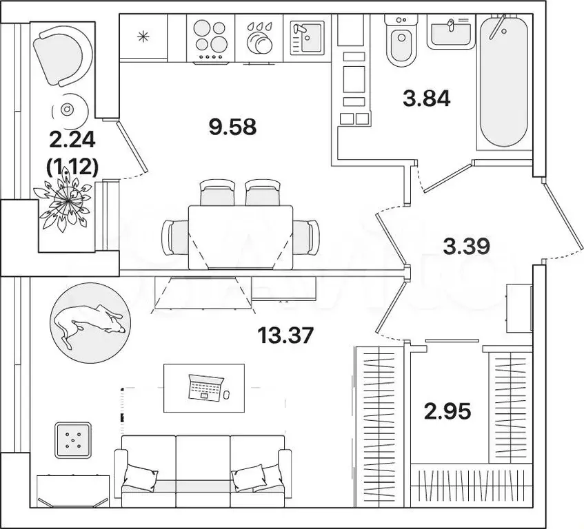 1-к. квартира, 34,3 м, 11/12 эт. - Фото 1