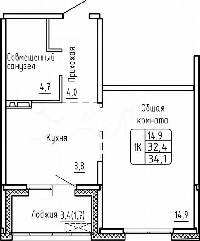 1-к. квартира, 34,1 м, 6/17 эт. - Фото 0