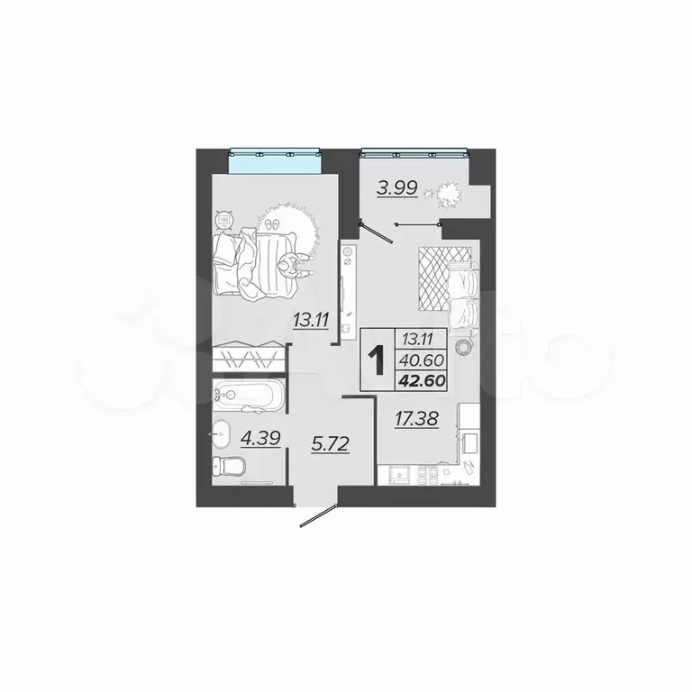 1-к. квартира, 42,6 м, 2/9 эт. - Фото 1