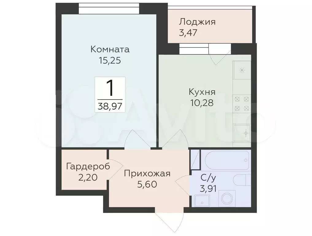 1-к. квартира, 39 м, 4/14 эт. - Фото 0