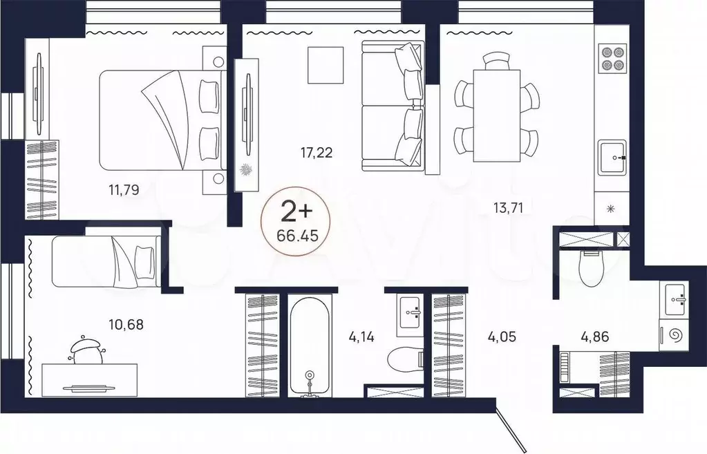 2-к. квартира, 66,5 м, 4/9 эт. - Фото 0