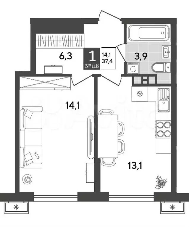 1-к. квартира, 37,4 м, 8/18 эт. - Фото 1