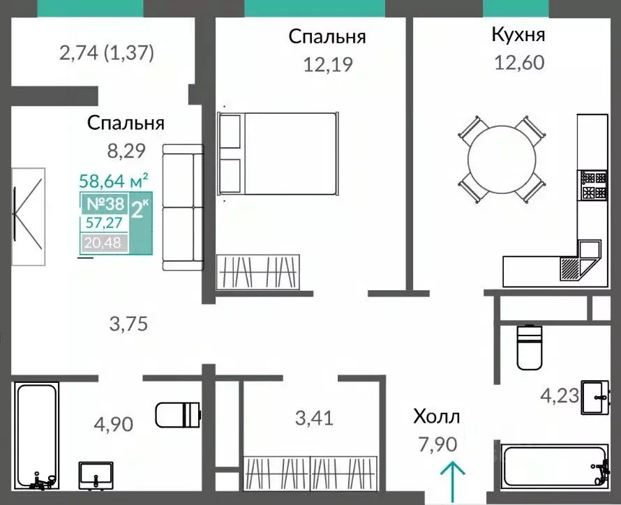 2-к кв. Крым, Симферополь просп. Александра Суворова (58.64 м) - Фото 0