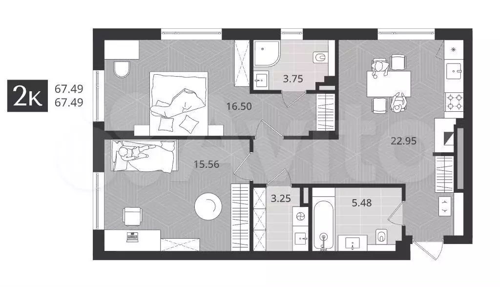 2-к. квартира, 67,5 м, 1/4 эт. - Фото 1