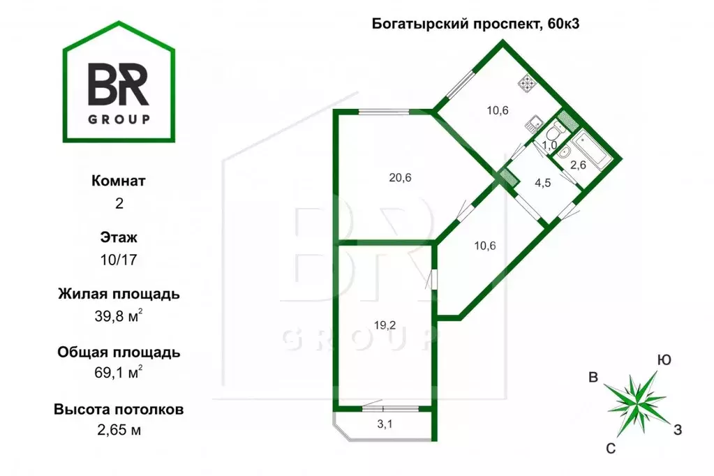 2-к кв. Санкт-Петербург Богатырский просп., 60к3 (69.1 м) - Фото 1