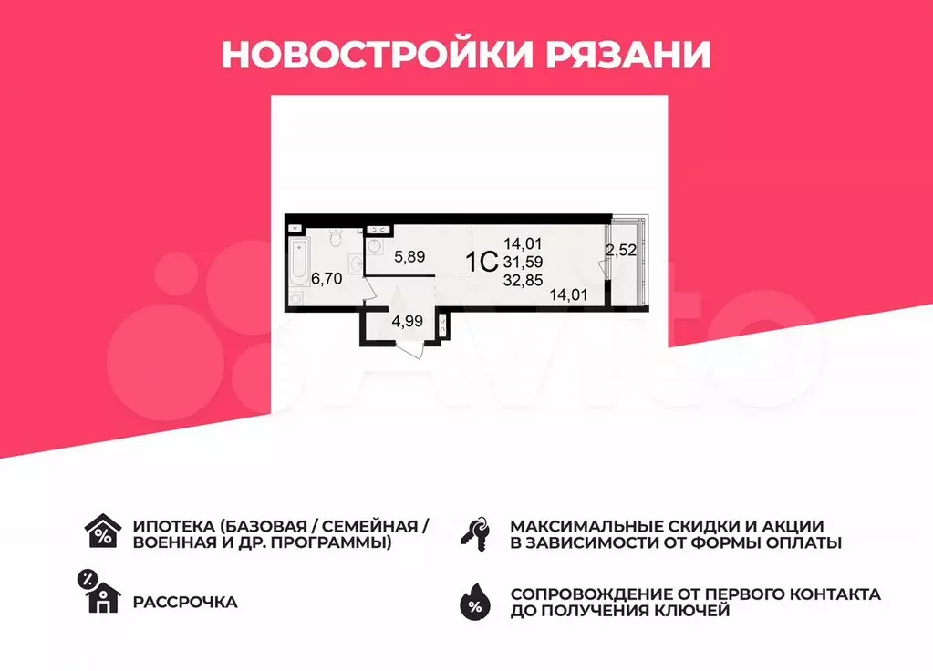 1-к. квартира, 32,9 м, 3/23 эт. - Фото 0