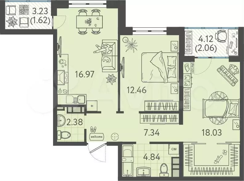 2-к. квартира, 65,7 м, 7/9 эт. - Фото 0