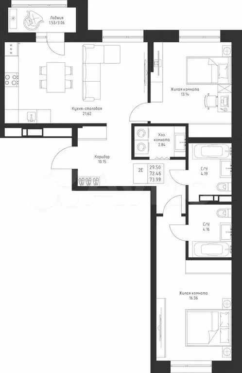 2-к. квартира, 74 м, 3/23 эт. - Фото 0